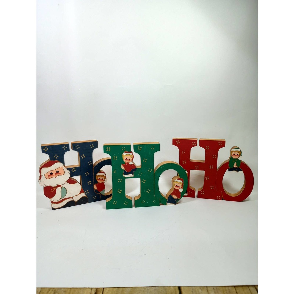Vintage Christmas Ho Ho Ho Wooden Santa Claus & Elves Country Christmas (cbz)